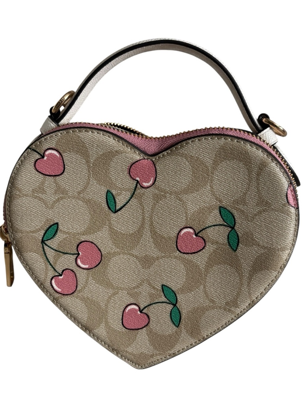 Coach Pink Cherry Print Beige Heart Crossbody - Picture 3 of 13
